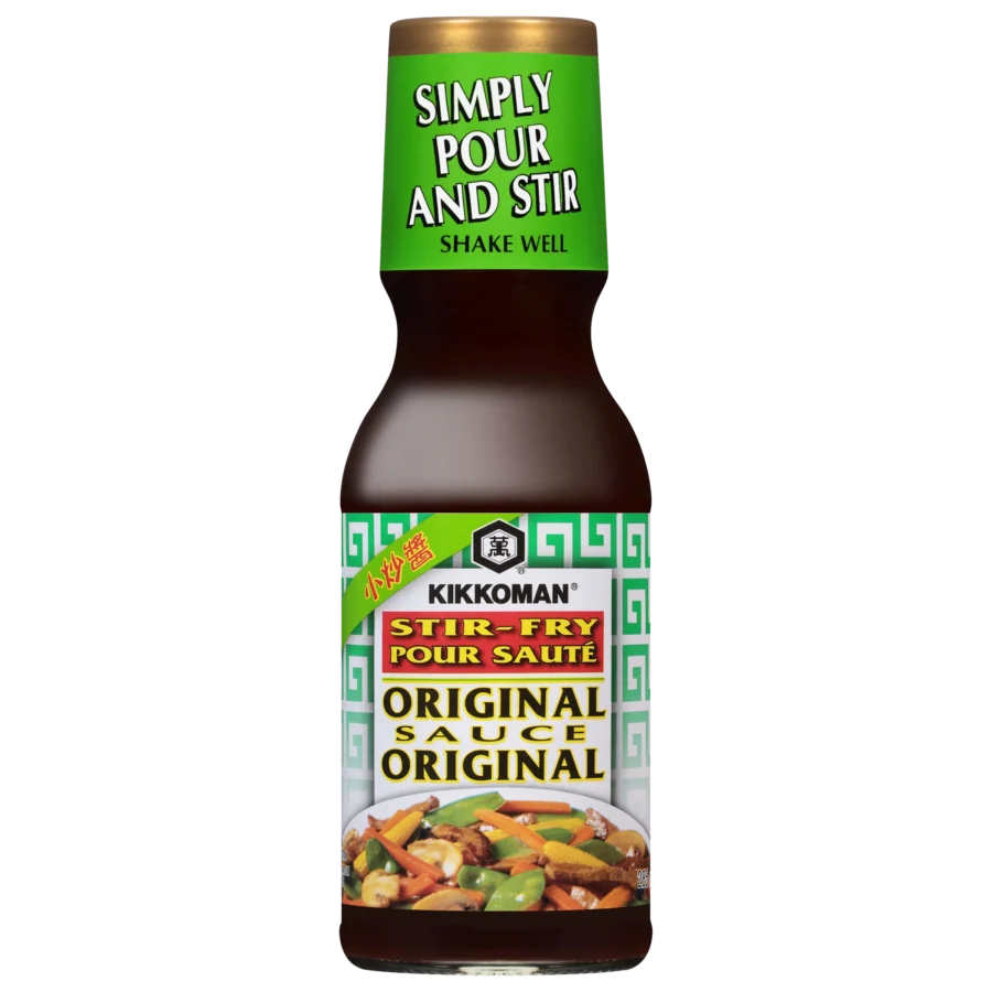 A bottle of Kikkoman Stir-Fry Original Sauce, featuring instructions to "Simply pour and stir" on the label, with an image of stir-fried vegetables.