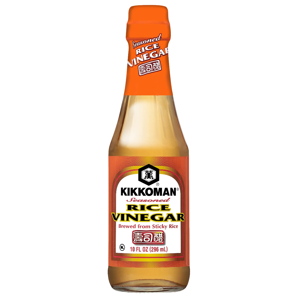 A 10 fl oz bottle of Kikkoman Seasoned Rice Vinegar with an orange cap and label, indicating it is brewed from sticky rice.