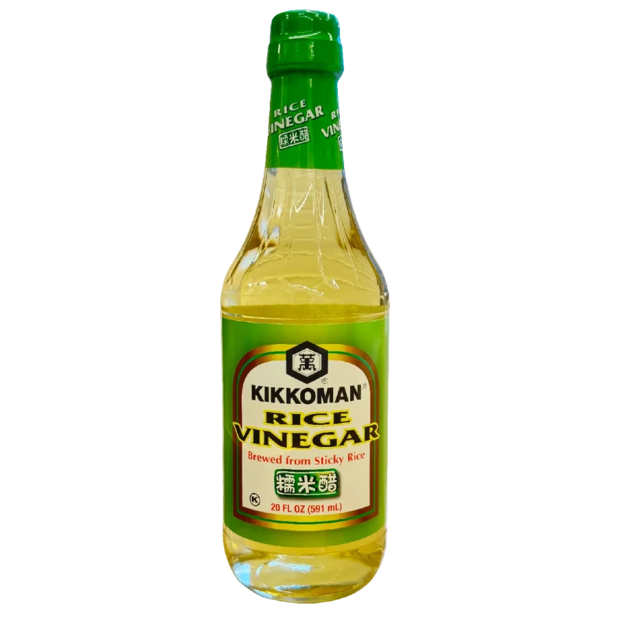 A 20 fl oz bottle of Kikkoman Rice Vinegar with a green cap and label, stating "Brewed from Sticky Rice.
