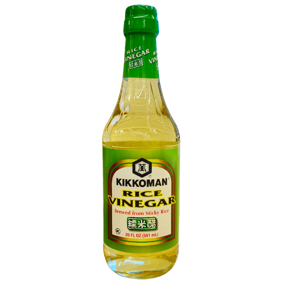 A 20 fl oz bottle of Kikkoman Rice Vinegar with a green cap and label, stating "Brewed from Sticky Rice.