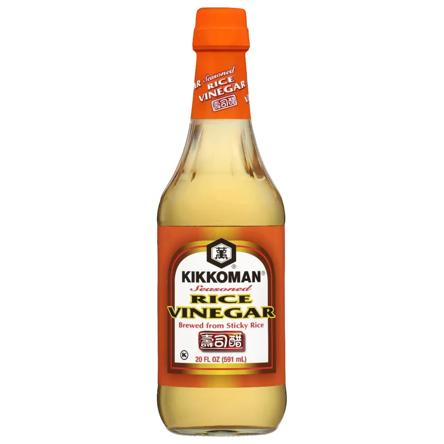 A 20 fl oz bottle of Kikkoman Seasoned Rice Vinegar with an orange cap and label, labeled as brewed from sticky rice.