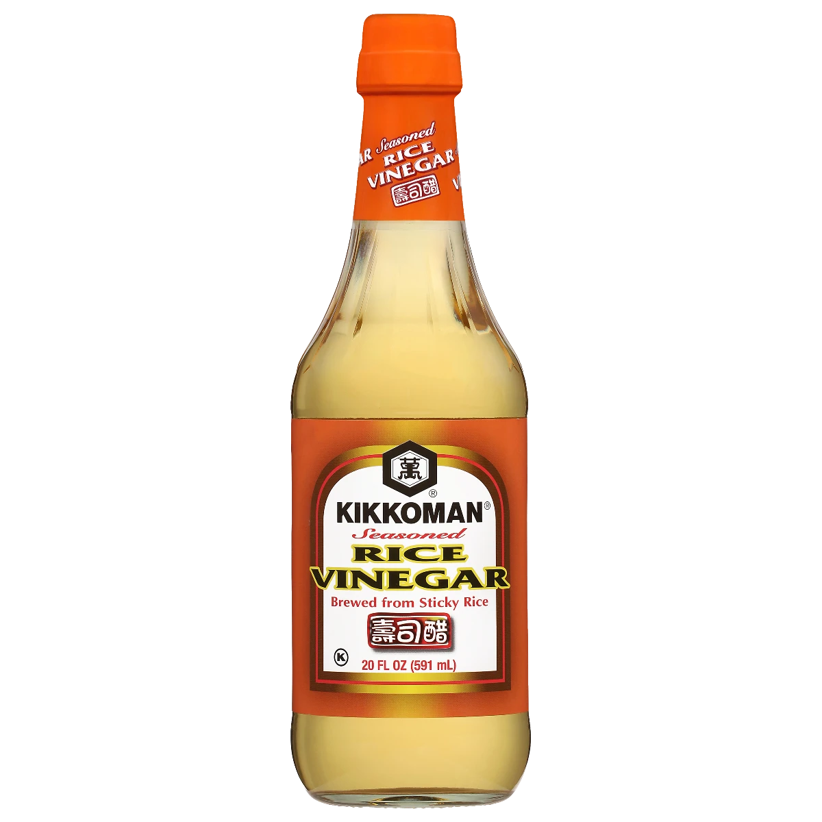 A 20 fl oz bottle of Kikkoman Seasoned Rice Vinegar with an orange cap and label, labeled as brewed from sticky rice.