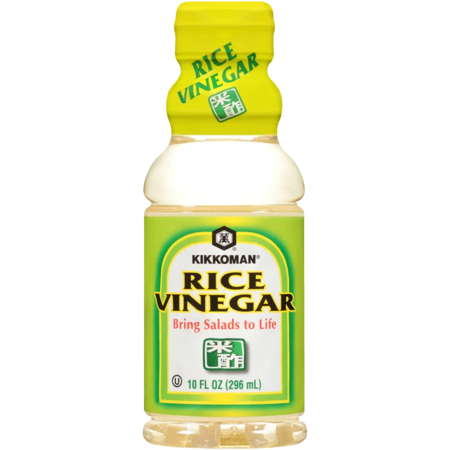 A 10 fl oz (296 mL) bottle of Kikkoman rice vinegar with a yellow cap and green label, labeled “Bring Salads to Life.”.