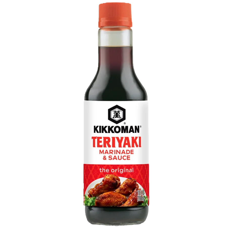 A bottle of Kikkoman Teriyaki Marinade & Sauce with a red cap and a label featuring grilled chicken wings and the text "the original.