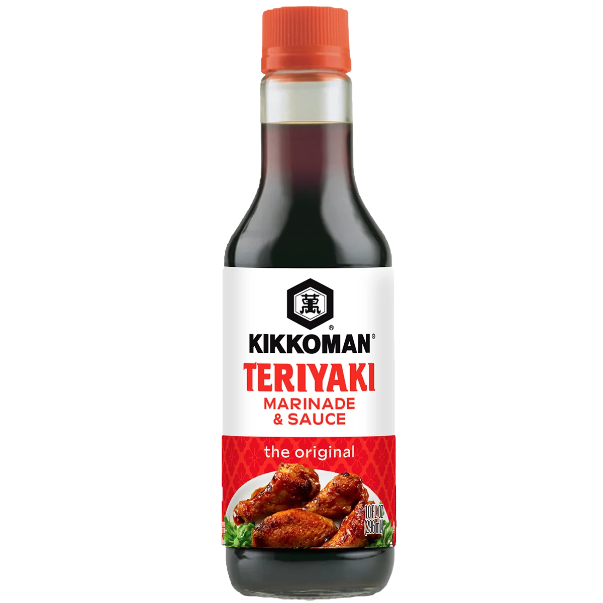 A bottle of Kikkoman Teriyaki Marinade & Sauce with a red cap and a label featuring grilled chicken wings and the text "the original.