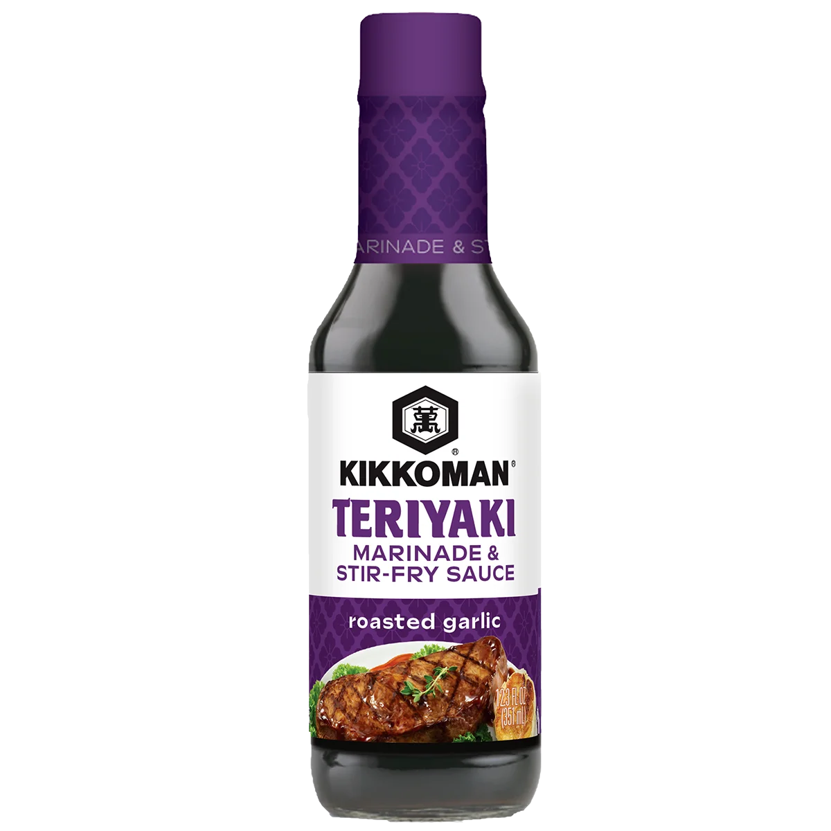 A bottle of Kikkoman Teriyaki Marinade & Stir-Fry Sauce, roasted garlic flavor, with an image of grilled meat on the label.