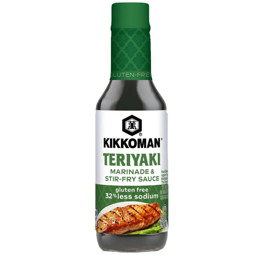 A bottle of Kikkoman Teriyaki Marinade & Stir-Fry Sauce, labeled gluten free and 32% less sodium, with an image of grilled chicken on the front.