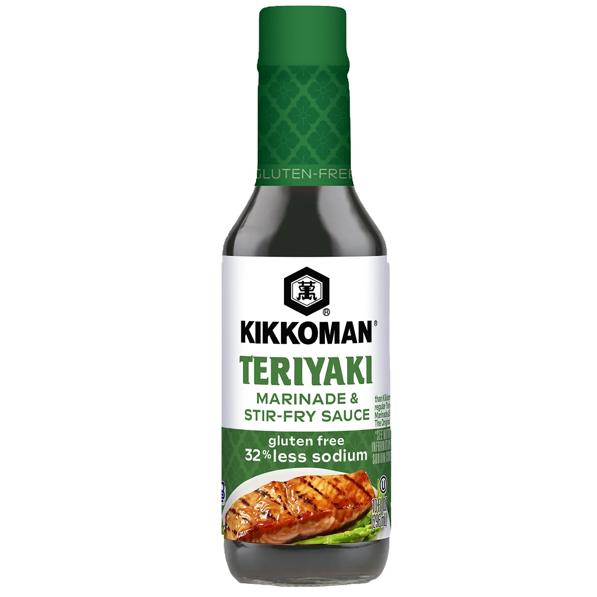 A bottle of Kikkoman Teriyaki Marinade & Stir-Fry Sauce, labeled gluten free and 32% less sodium, with an image of grilled chicken on the front.
