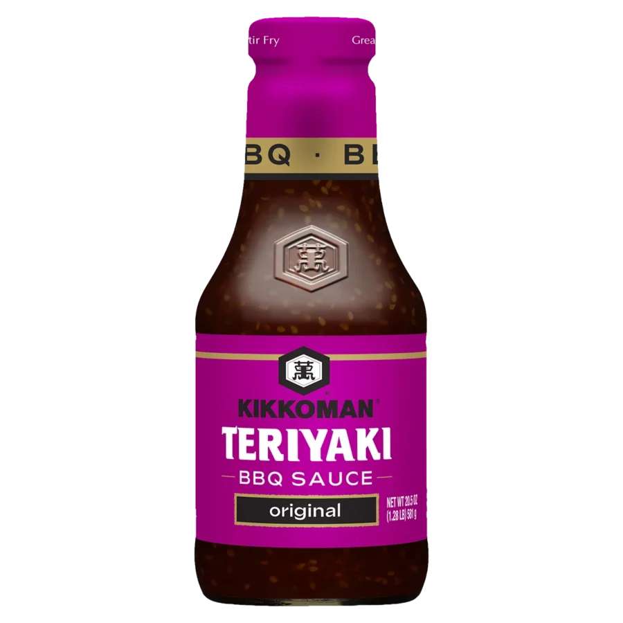 A bottle of Kikkoman Teriyaki BBQ Sauce, original flavor, with a purple label and black cap.