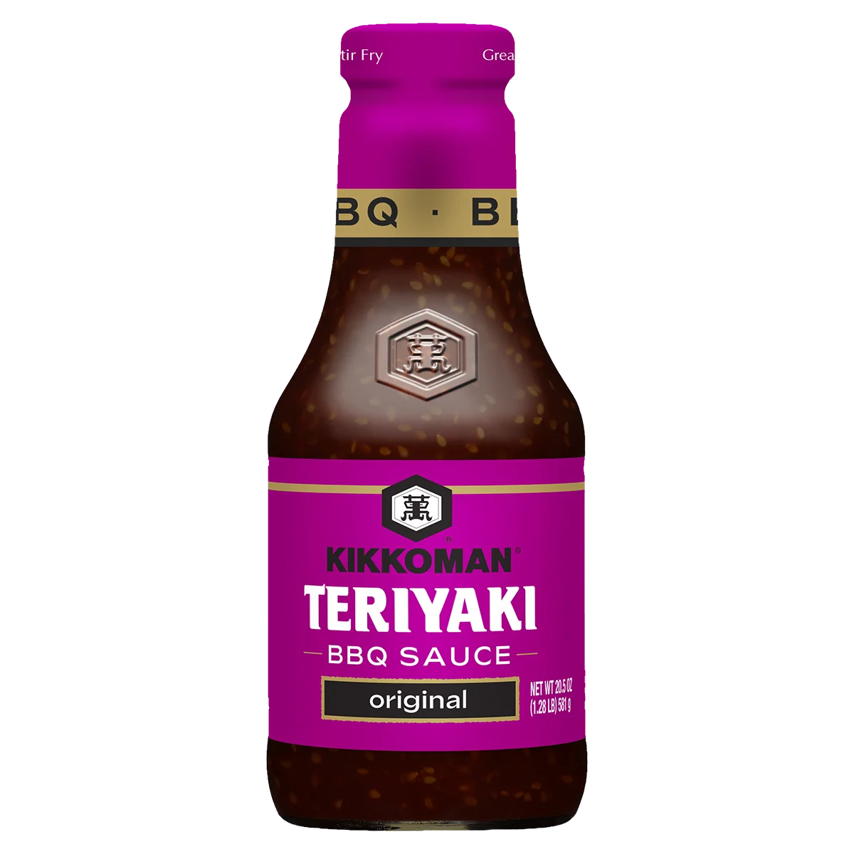 A bottle of Kikkoman Teriyaki BBQ Sauce, original flavor, with a purple label and black cap.