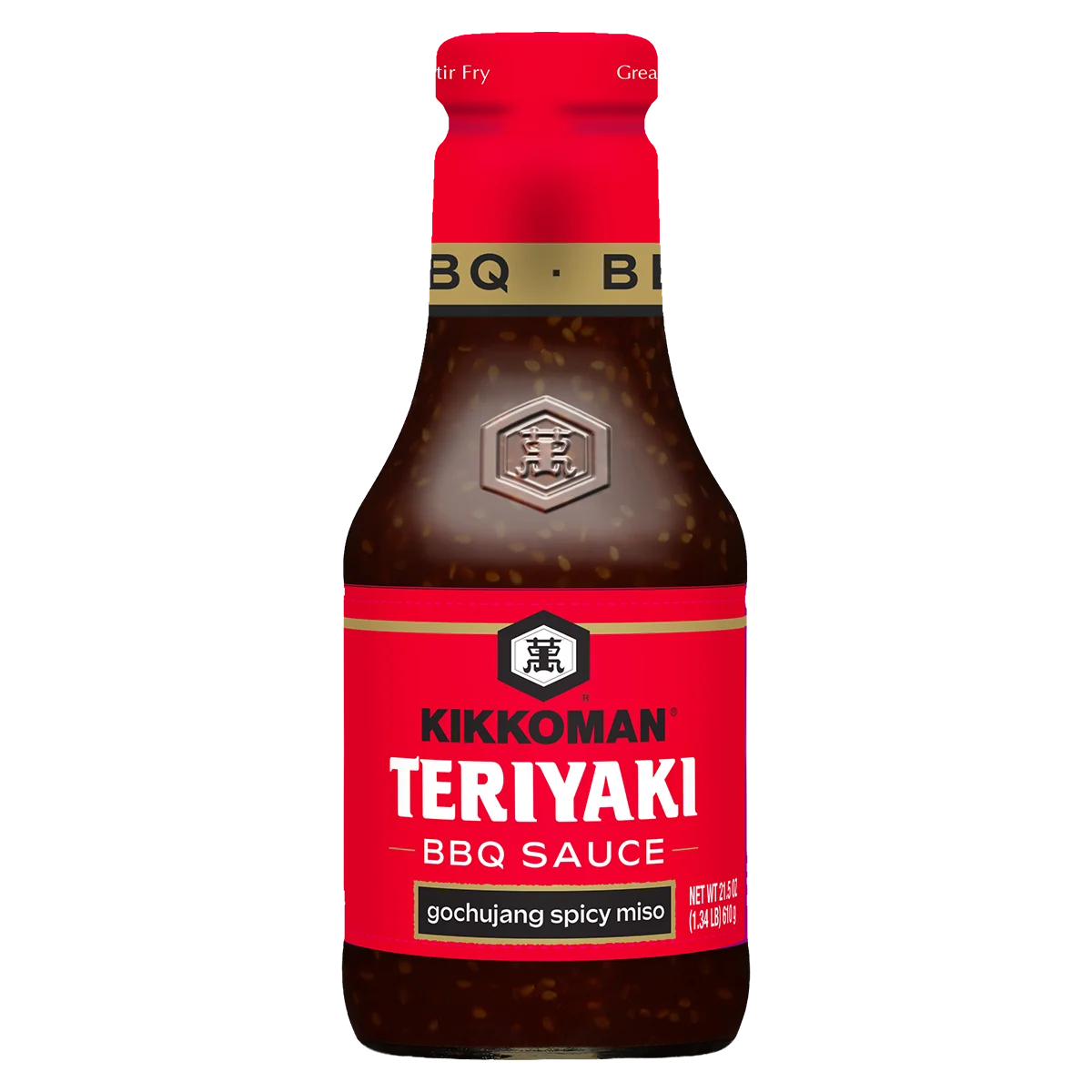 A bottle of Kikkoman Teriyaki BBQ Sauce with gochujang spicy miso, featuring a red and black label.