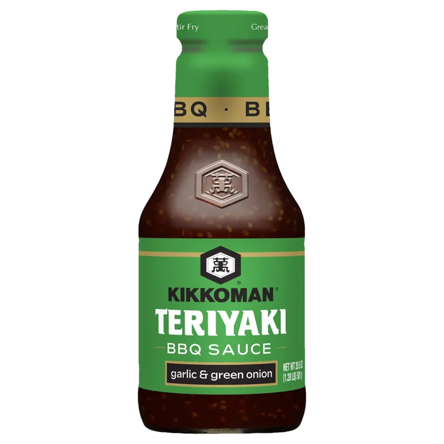 A bottle of Kikkoman Teriyaki BBQ Sauce, garlic and green onion flavor, with a green label and 13.2 fl oz (390 mL) net weight.