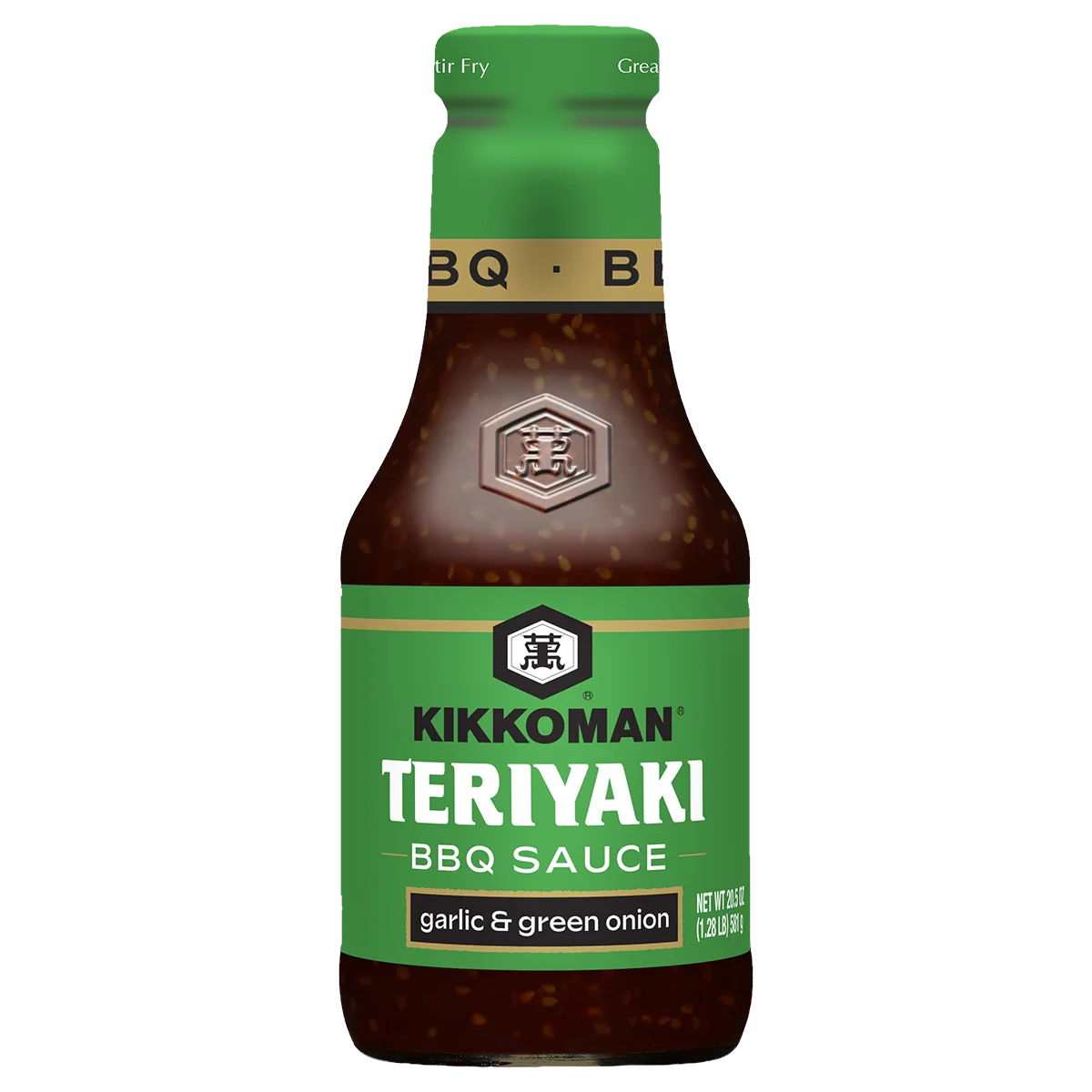 A bottle of Kikkoman Teriyaki BBQ Sauce, garlic and green onion flavor, with a green label and 13.2 fl oz (390 mL) net weight.