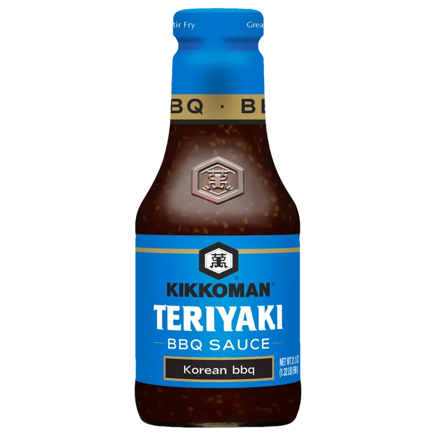 A bottle of Kikkoman Teriyaki BBQ Sauce, Korean BBQ flavor, with a blue label and brown sauce visible inside.