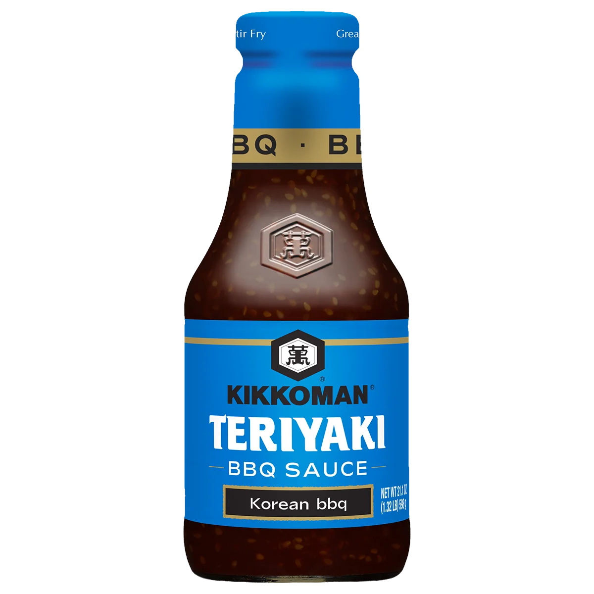 A bottle of Kikkoman Teriyaki BBQ Sauce, Korean BBQ flavor, with a blue label and brown sauce visible inside.