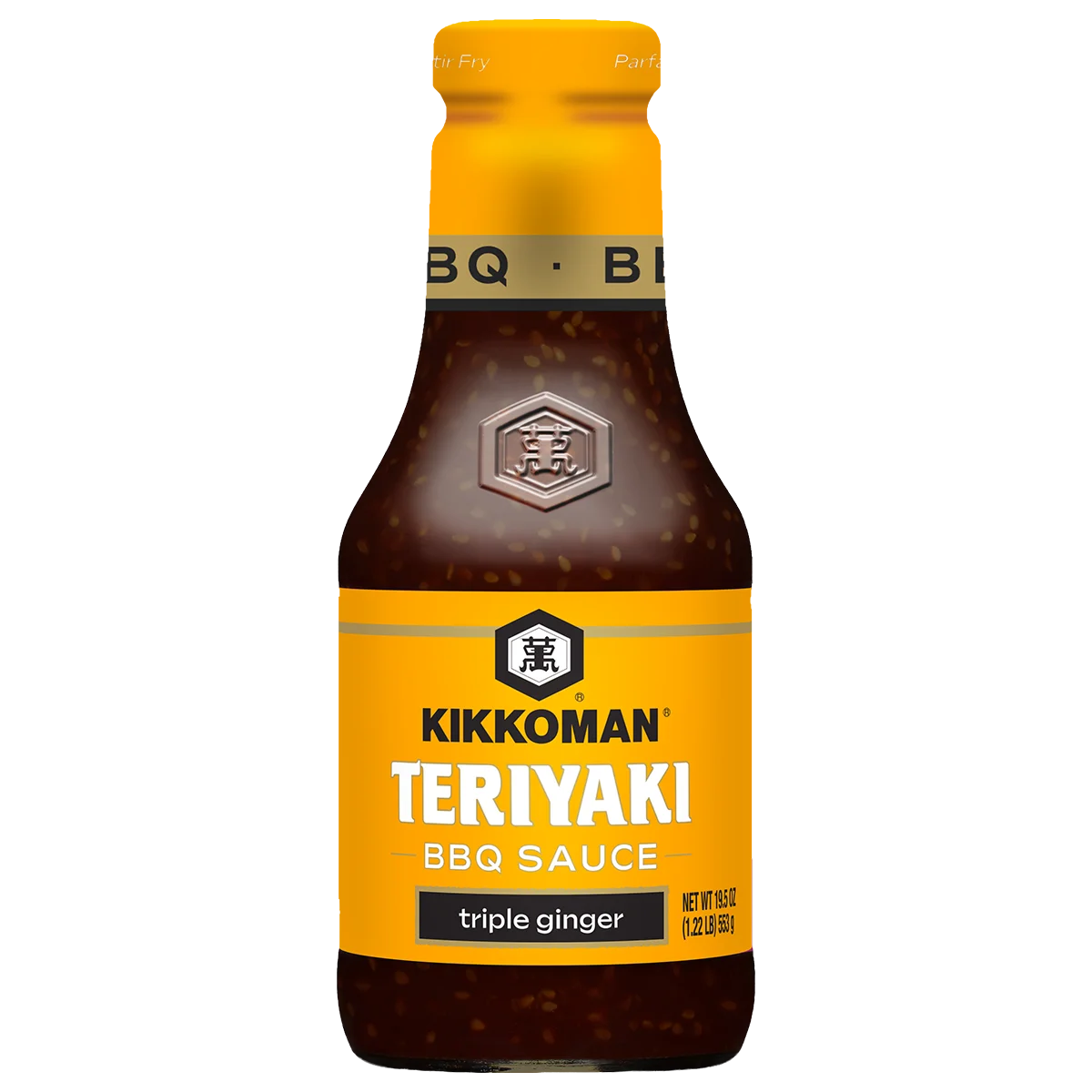 A bottle of Kikkoman Teriyaki BBQ Sauce, triple ginger flavor, with a yellow label and a silver cap.