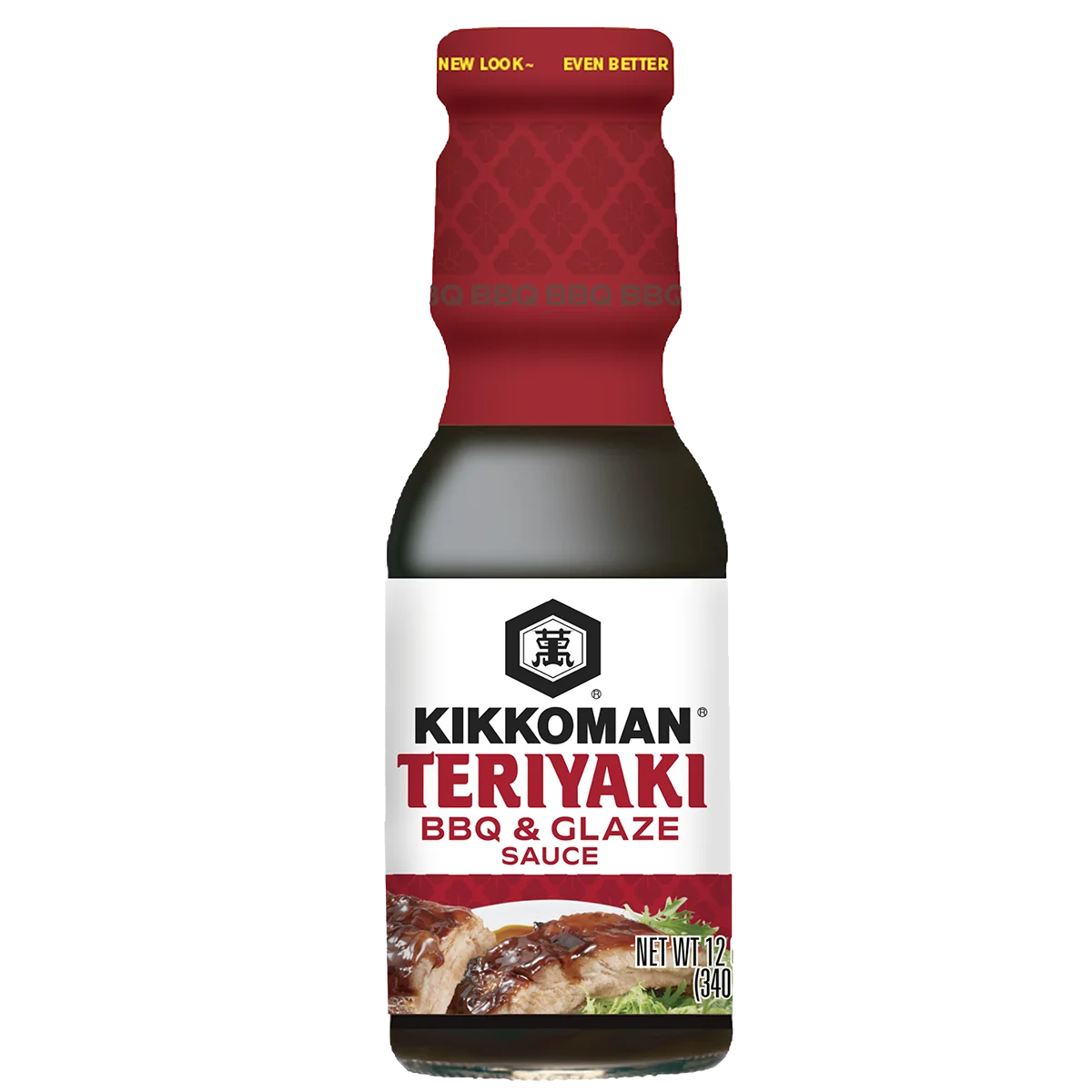 A bottle of Kikkoman Teriyaki BBQ & Glaze Sauce with a red cap and label, showing grilled meat and vegetables on the front.