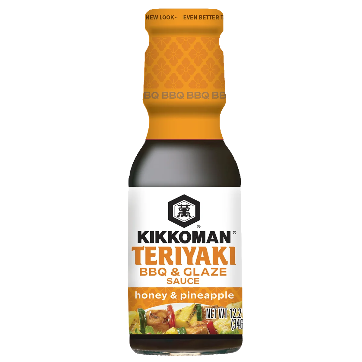 A bottle of Kikkoman Teriyaki BBQ & Glaze Sauce, honey & pineapple flavor, 12.2 oz, with a yellow cap and food images on the label.