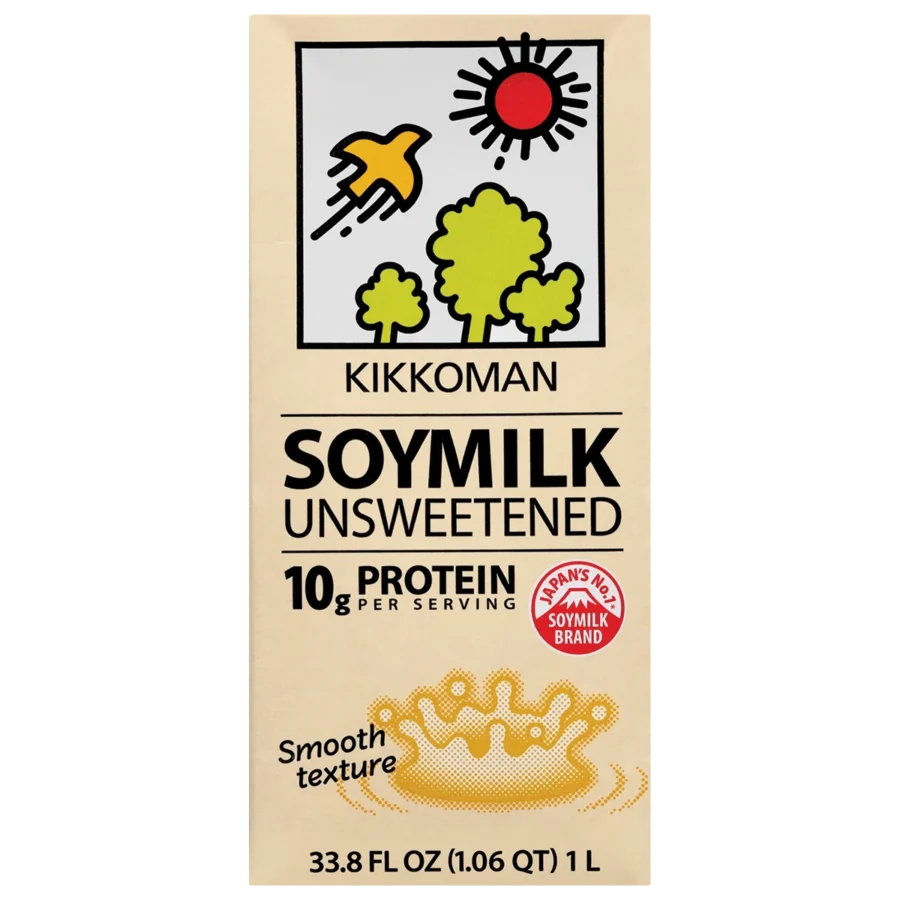 Carton of Kikkoman Unsweetened Soymilk, 10g protein per serving, smooth texture, 33.8 fl oz (1L), with illustrations of sun, bird, and trees.