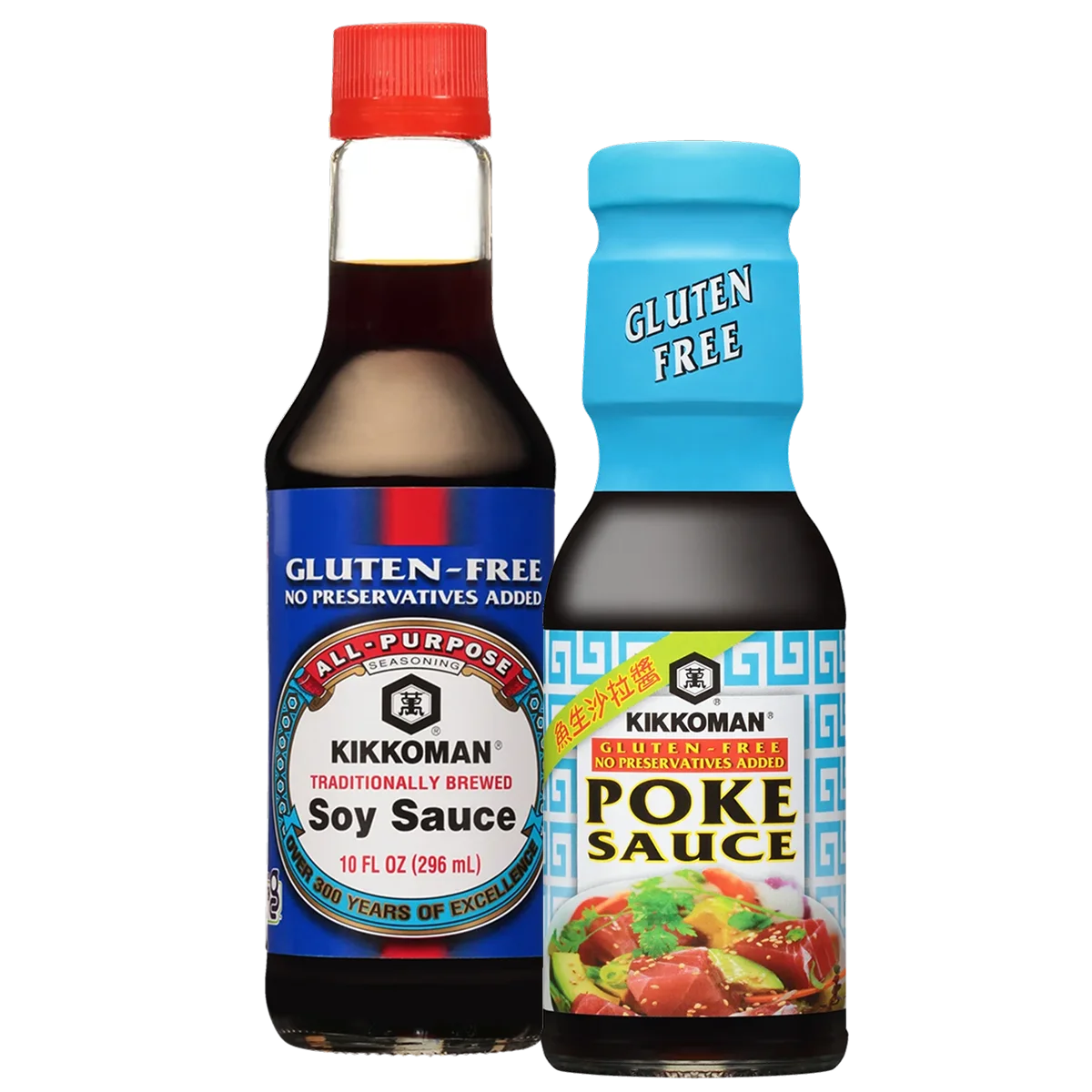 Two bottles of Kikkoman sauce: one gluten-free soy sauce and one gluten-free poke sauce, both labeled with "no preservatives added.