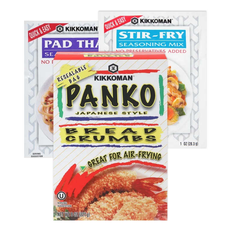 Three Kikkoman food packages: Pad Thai mix, Stir-Fry seasoning mix, and a box of Panko Japanese-style bread crumbs.