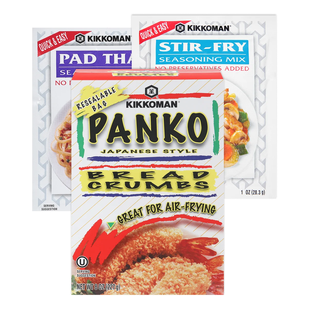 Three Kikkoman food packages: Pad Thai mix, Stir-Fry seasoning mix, and a box of Panko Japanese-style bread crumbs.