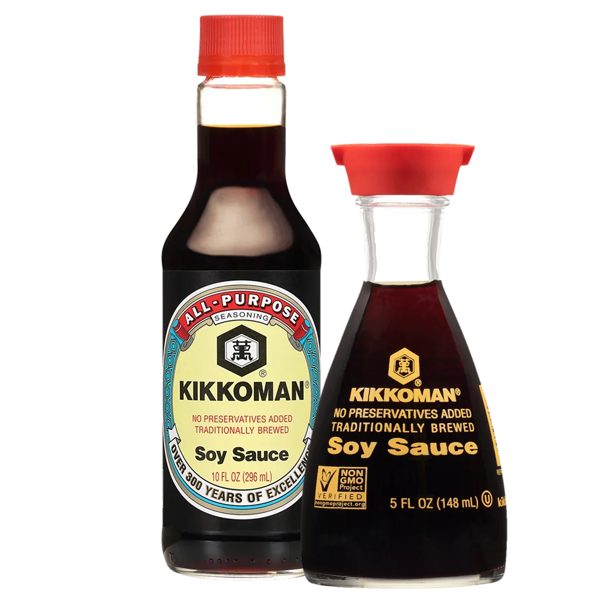 Two bottles of Kikkoman soy sauce, one tall with a red cap (250 ml) and one short with a red spout (148 ml), both labeled as naturally brewed and vegan.