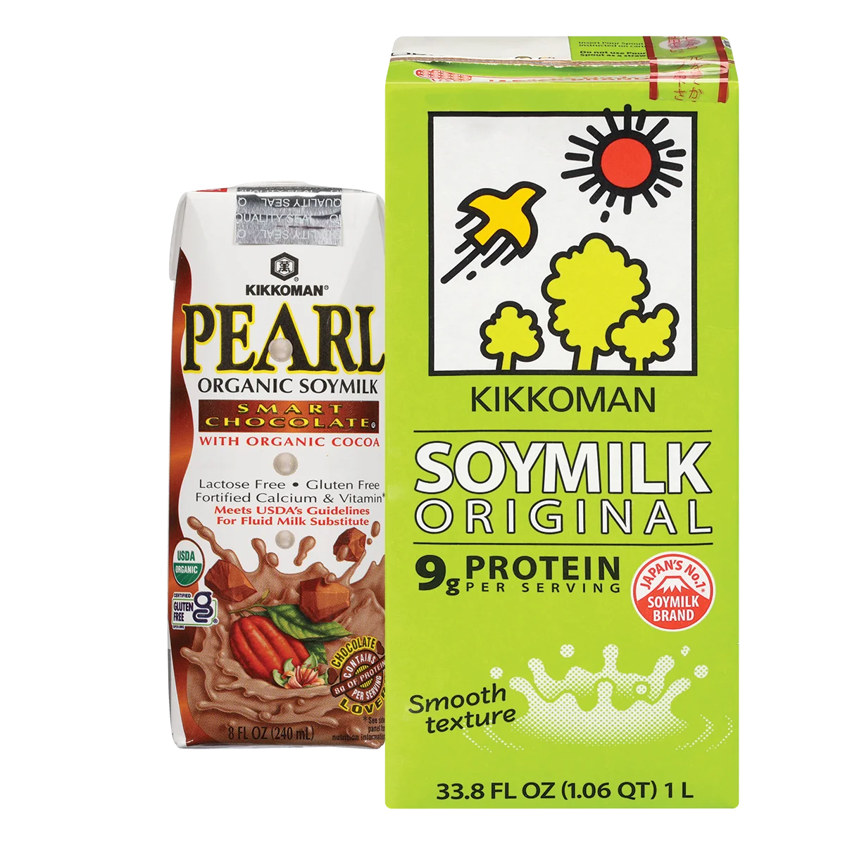 Two cartons of Kikkoman soy milk: one is organic chocolate flavored, the other is original flavor with a green design and both have product information on the front.
