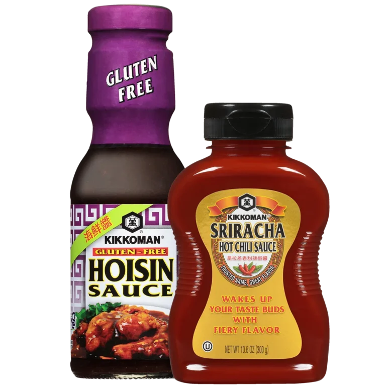 Two bottles of Kikkoman sauces: one gluten-free hoisin sauce and one sriracha hot chili sauce, displayed side by side against a white background.