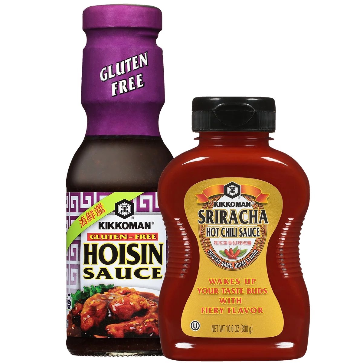 Two bottles of Kikkoman sauces: one gluten-free hoisin sauce and one sriracha hot chili sauce, displayed side by side against a white background.