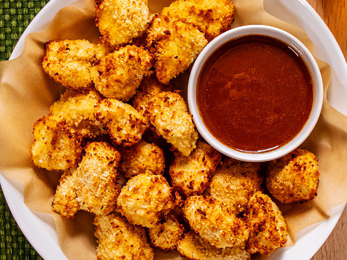 A plate of breaded, baked chicken nuggets arranged around a small bowl of brown dipping sauce.