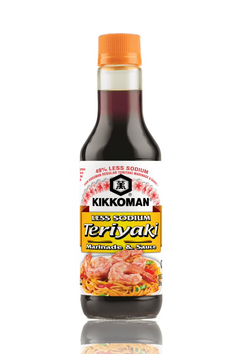 A bottle of Kikkoman Less Sodium Teriyaki Marinade & Sauce with an orange cap, featuring an image of shrimp and noodles on the label.