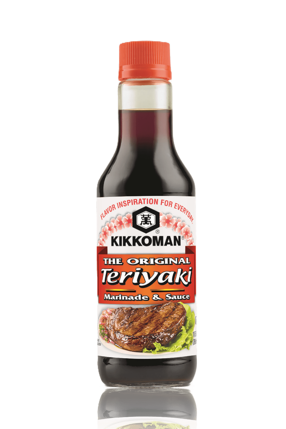 A bottle of Kikkoman The Original Teriyaki Marinade & Sauce with a red cap and label showing grilled meat and lettuce.