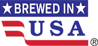 A graphic with the text "Brewed in USA" in blue and white, featuring stars and red stripes resembling a flag motif.