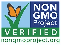 Non-GMO Project Verified logo featuring an orange butterfly on a green checkmark, with the text "NON GMO Project VERIFIED" on a blue and green background.