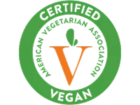 Green circular logo with "Certified American Vegetarian Association Animal Free" text and an orange "V" with a green leaf above it in the center.