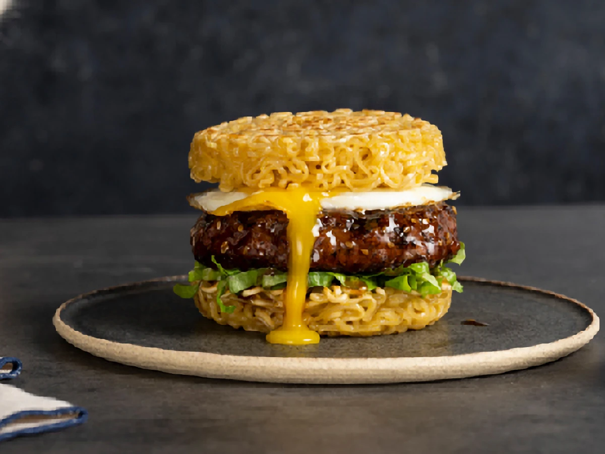 A burger with ramen noodle buns, lettuce, a beef patty, and a fried egg with a runny yolk, served on a round ceramic plate.