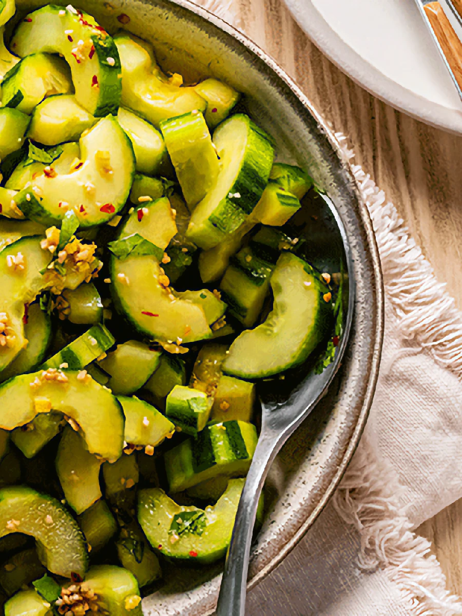 Sliced cucumbers mixed with chopped herbs, garlic, and seasonings in a bowl with a serving spoon on a wooden table next to a napkin.