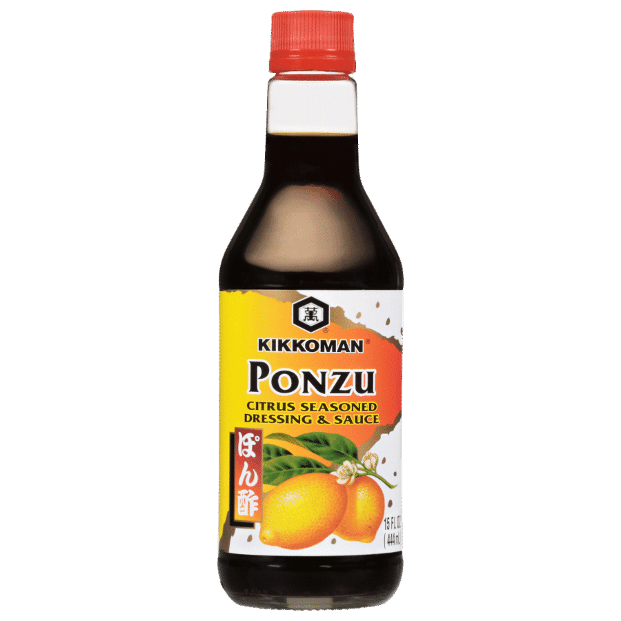 A bottle of Kikkoman Ponzu citrus seasoned dressing and sauce with a red cap and an image of citrus fruit on the label.