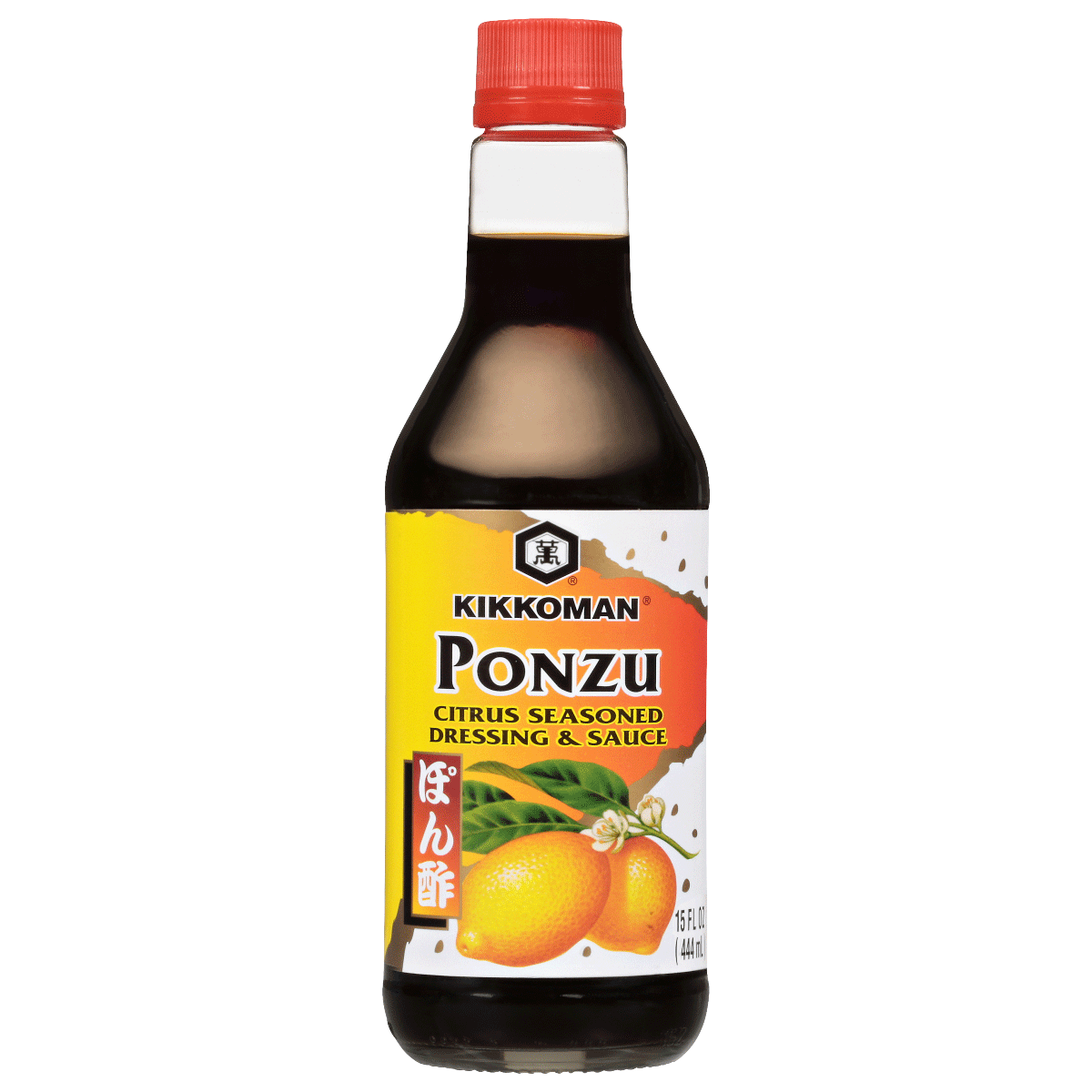 A bottle of Kikkoman Ponzu citrus seasoned dressing and sauce with a red cap and an image of citrus fruit on the label.