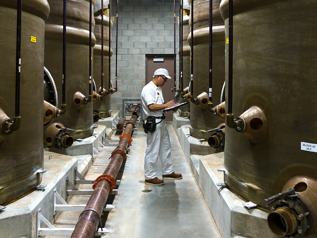 A worker in protective clothing inspects and writes notes near large industrial tanks in a facility with concrete walls and exposed pipes.