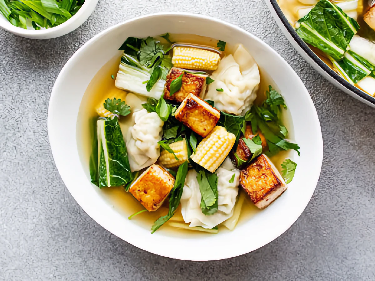 A bowl of soup with fried tofu cubes, baby corn, bok choy, dumplings, and fresh herbs in a clear broth.