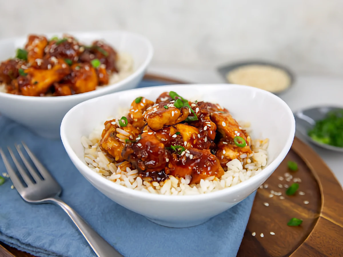 Two bowls of white rice topped with glazed chicken and garnished with green onions and sesame seeds, placed on a blue napkin with a fork beside them.
