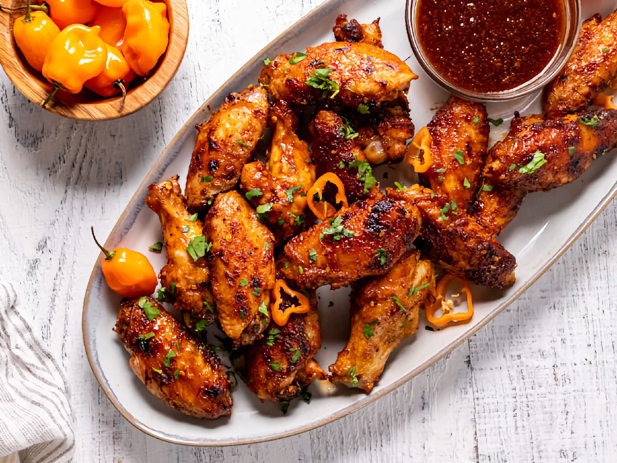 A platter of grilled chicken wings garnished with herbs and sliced peppers, served with a bowl of dipping sauce and fresh peppers on the side.