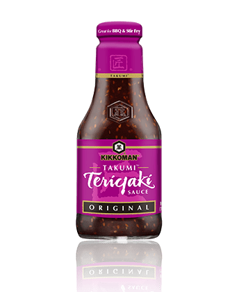 A bottle of Kikkoman Takumi Teriyaki Sauce Original flavor with a purple label and a clear view of the sauce inside.