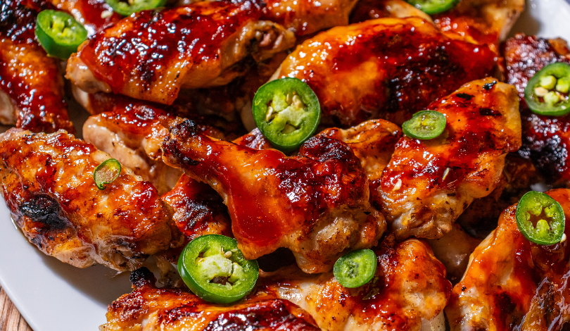 Grilled chicken wings coated in barbecue sauce, garnished with sliced jalapeño peppers, served on a white plate.