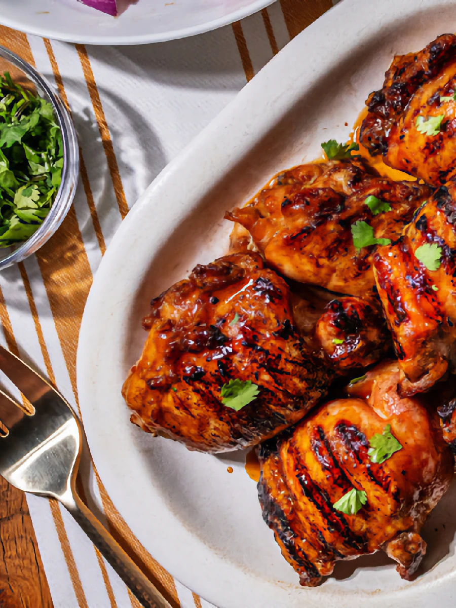 Grilled chicken thighs with a glazed, charred surface are served on a white plate and garnished with cilantro. A bowl of fresh cilantro and a gold fork are nearby.
