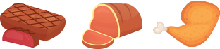 Illustration of three types of meat: a grilled steak, a sliced piece of ham or roast, and a cooked drumstick.