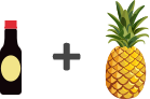 A bottle of soy sauce and a whole pineapple with a plus sign between them, suggesting a combination of the two.