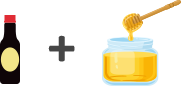 A honey dipper is held above a jar, letting honey drip inside.